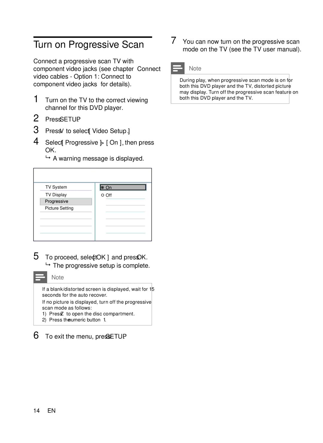 Philips DVP3358K/93 user manual Turn on Progressive Scan, To exit the menu, press Setup, 14 EN 