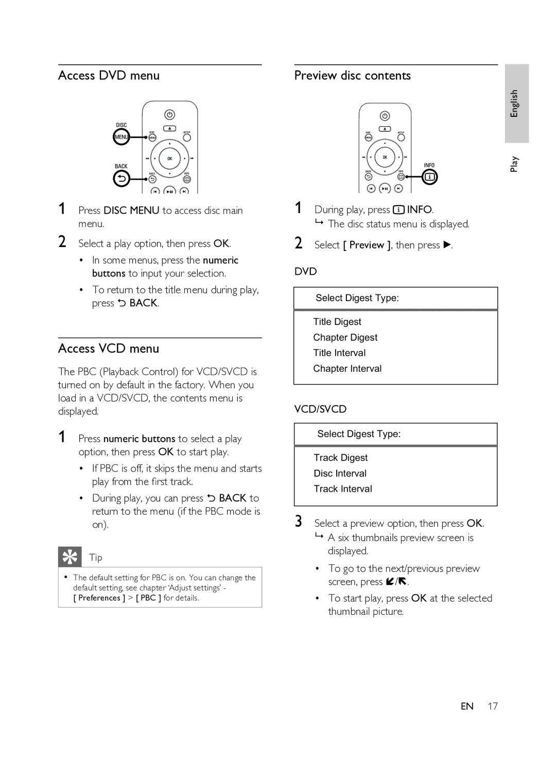 Philips DVP3358K/93 user manual Access DVD menu, Access VCD menu, Preview disc contents 