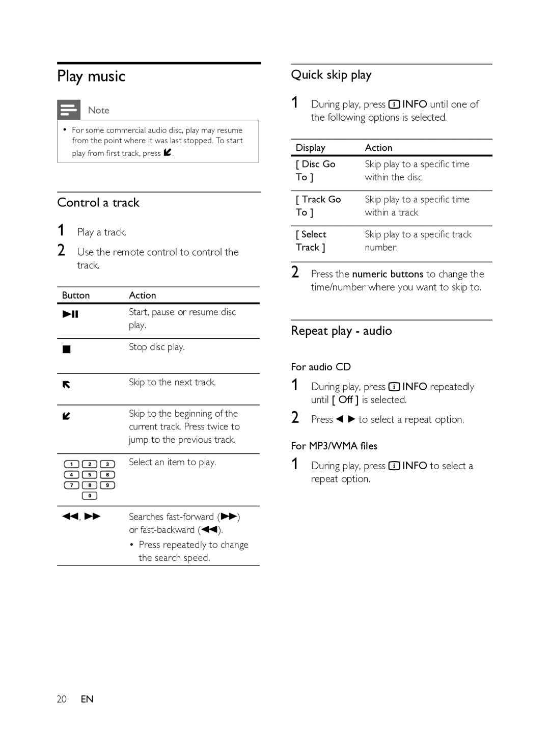 Philips DVP3358K/93 user manual Play music, Control a track, Quick skip play, Repeat play audio 