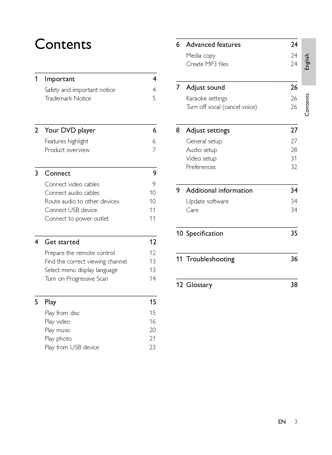 Philips DVP3358K/93 user manual Contents 