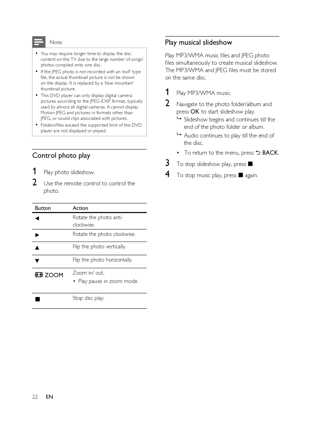 Philips DVP3358K/93 user manual Control photo play, Play musical slideshow 