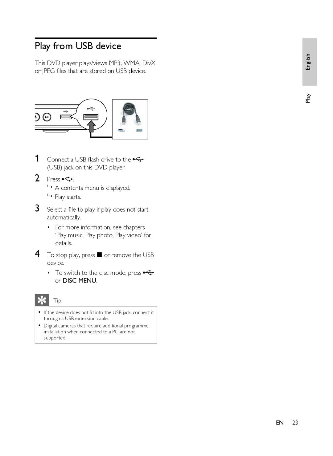 Philips DVP3358K/93 user manual Play from USB device 