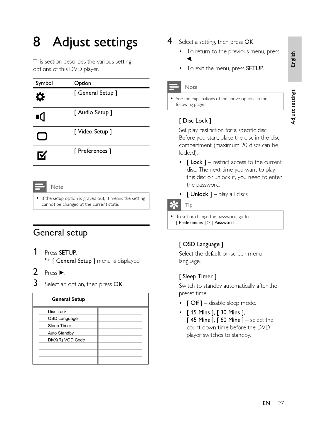 Philips DVP3358K/93 user manual Adjust settings, General setup 