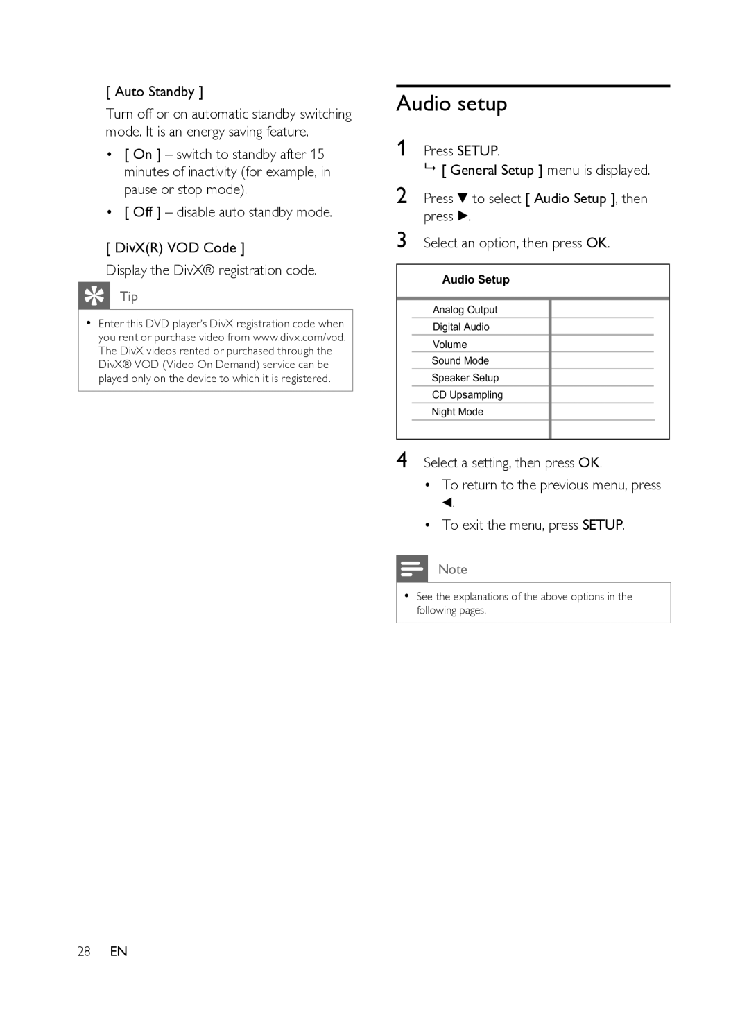 Philips DVP3358K/93 user manual Audio setup, Auto Standby, 28 EN 