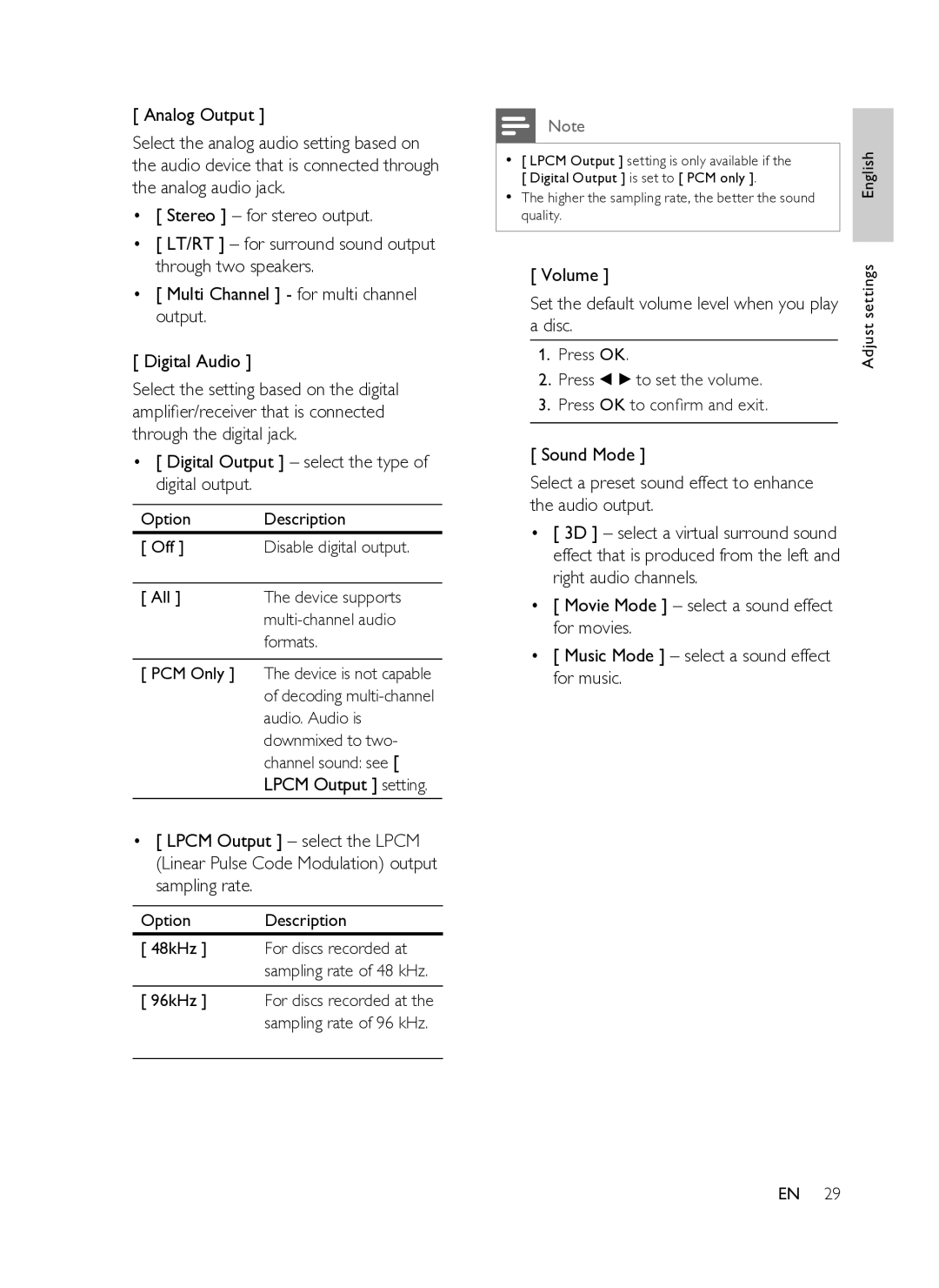 Philips DVP3358K/93 user manual Audio. Audio is, Downmixed to two, Channel sound see, Volume 