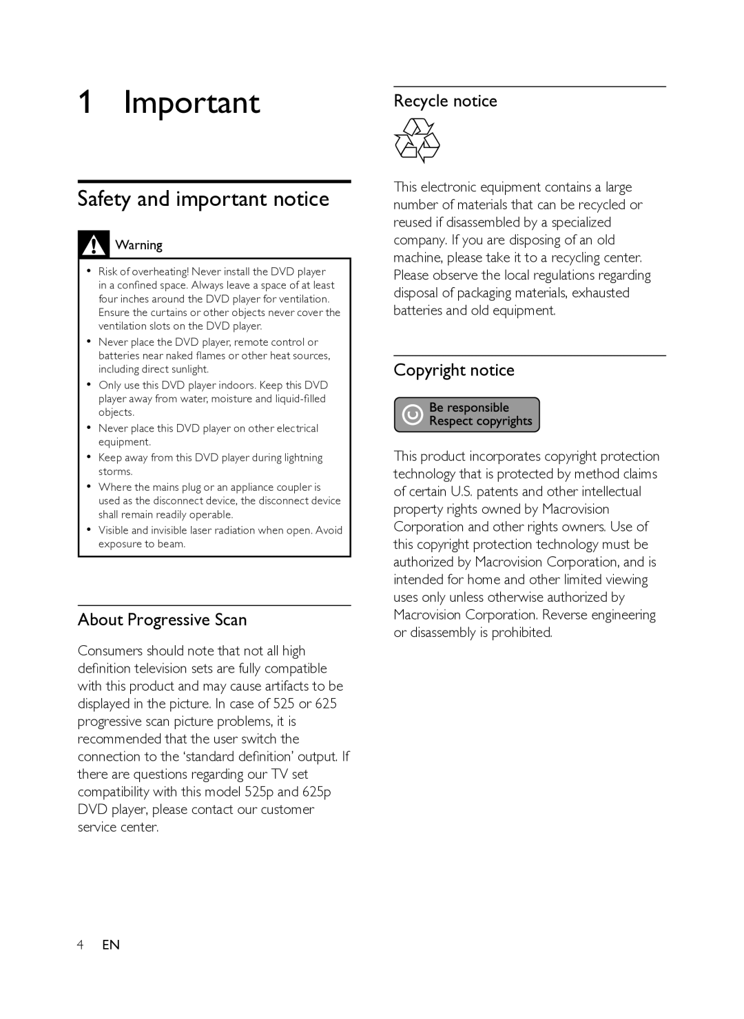 Philips DVP3358K/93 user manual Safety and important notice, About Progressive Scan, Recycle notice, Copyright notice 