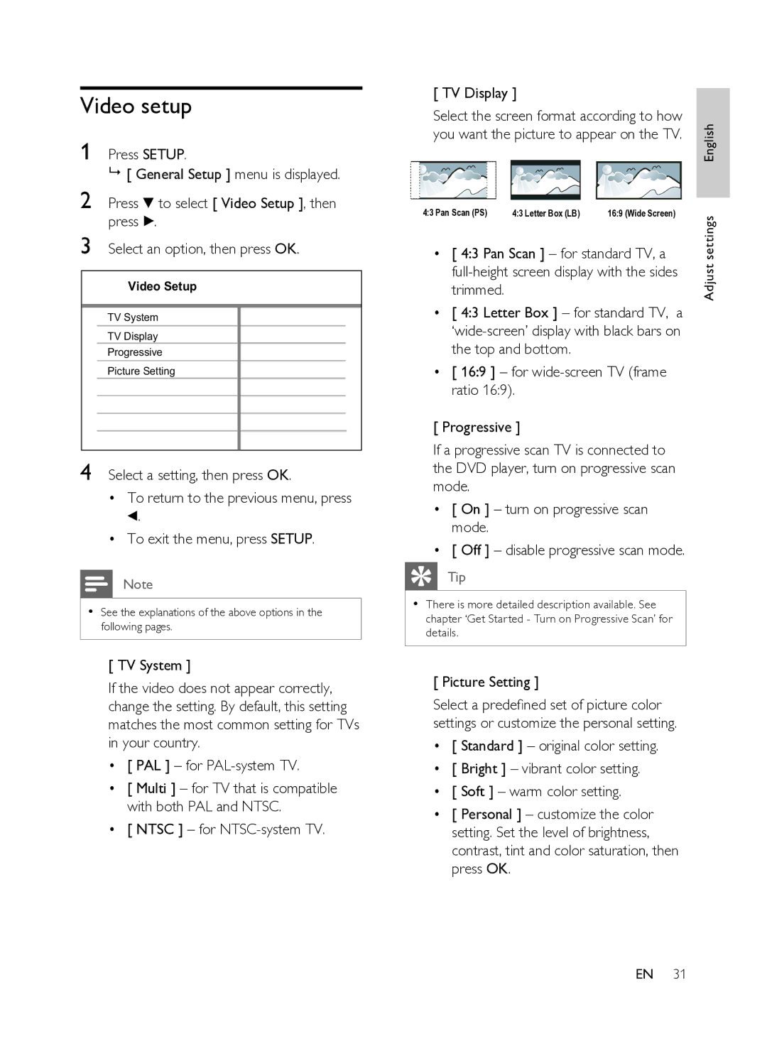 Philips DVP3358K/93 user manual Video setup, Ntsc for NTSC-system TV TV Display, Picture Setting 