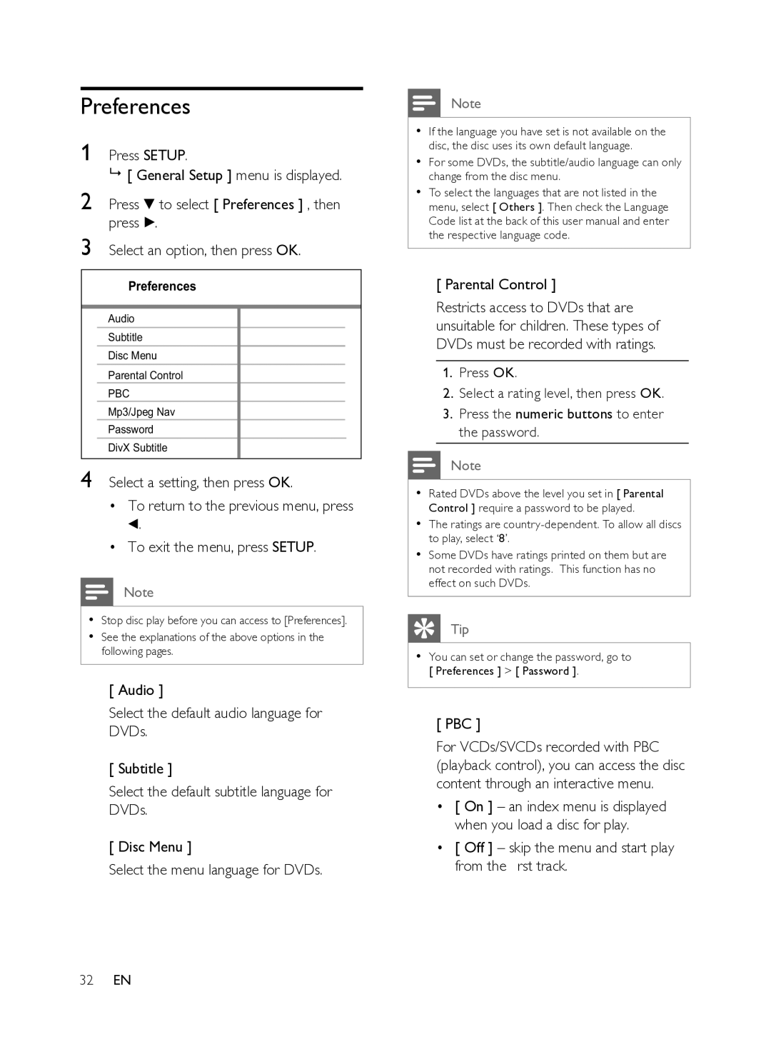 Philips DVP3358K/93 user manual Preferences, Parental Control, Pbc, Off skip the menu and start play from the ﬁrst track 