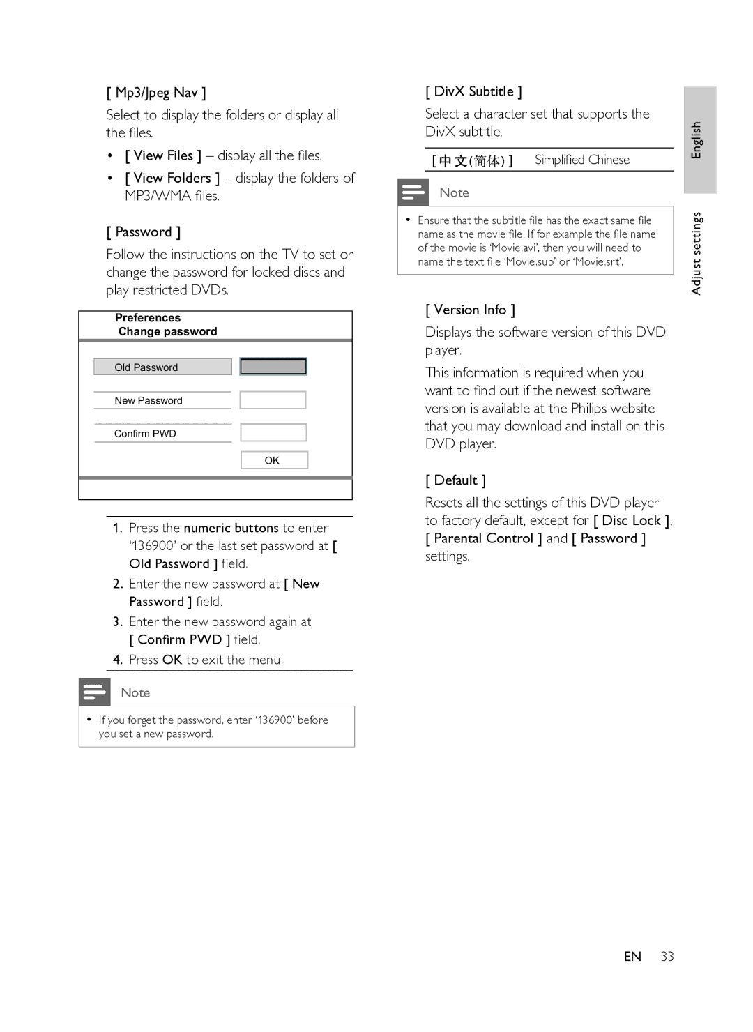 Philips DVP3358K/93 user manual Enter the new password at New Password ﬁeld, Press OK to exit the menu 