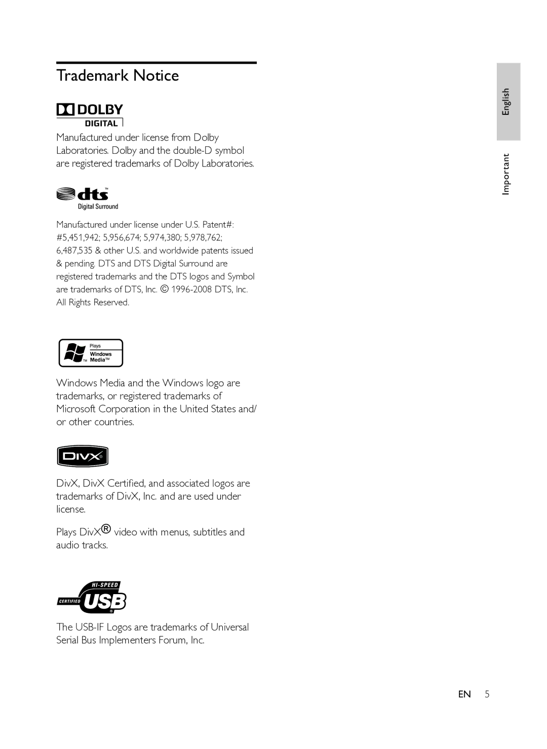 Philips DVP3358K/93 user manual Trademark Notice 