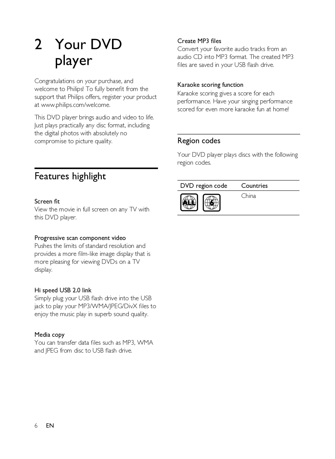 Philips DVP3358K/93 user manual Your DVD player, Features highlight, Region codes 