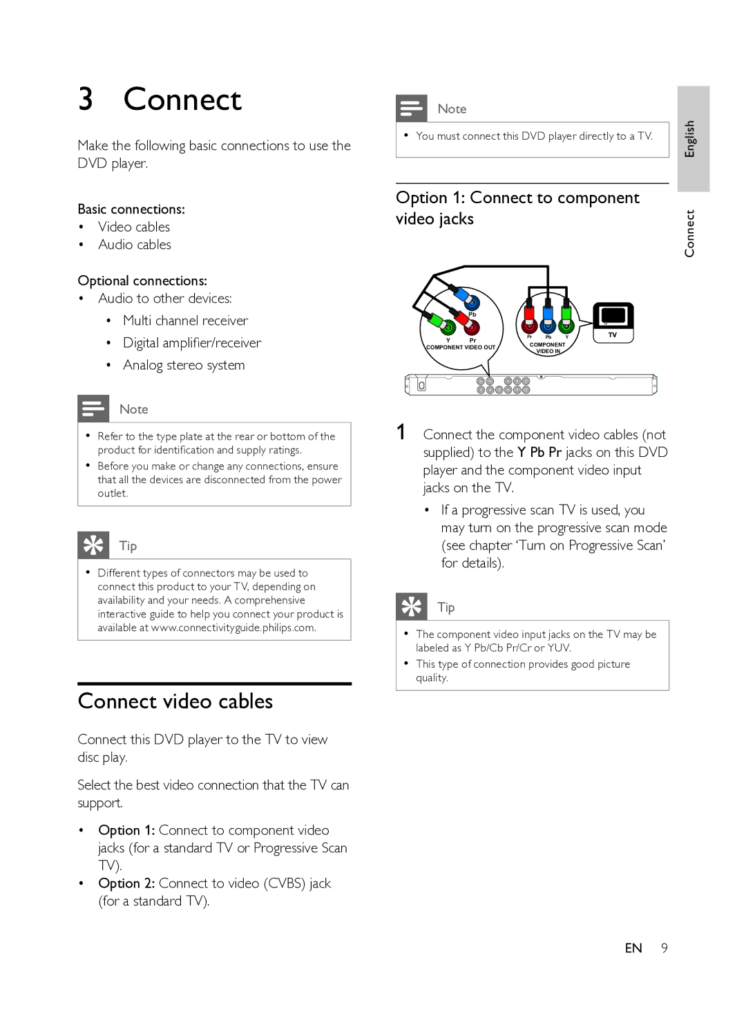 Philips DVP3358K/93 user manual Connect video cables, Option 1 Connect to component video jacks 