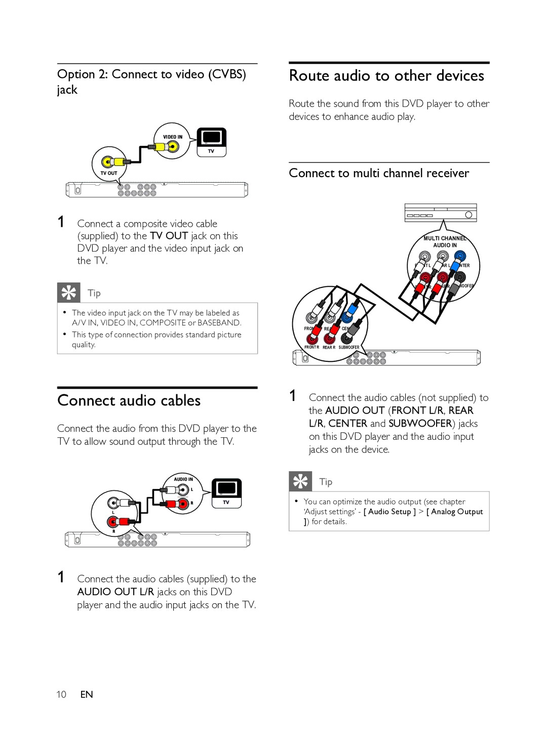 Philips DVP3358K user manual Route audio to other devices, Connect audio cables, Option 2 Connect to video Cvbs jack, 10 EN 