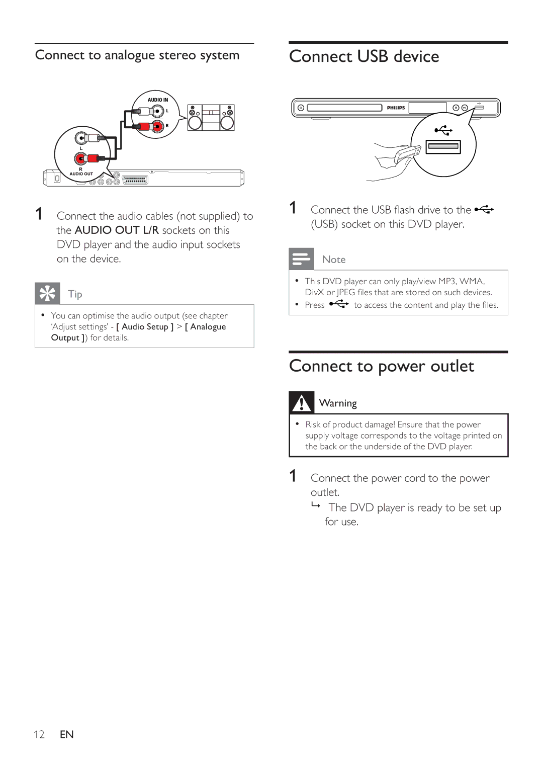 Philips DVP3360 user manual Connect USB device, Connect to power outlet 