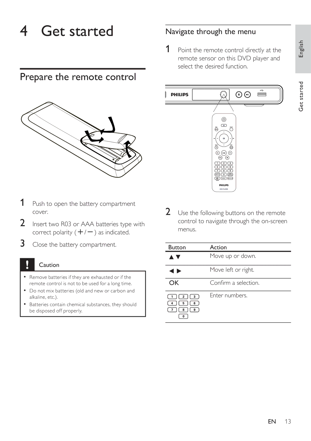 Philips DVP3360 user manual Get started, Prepare the remote control, Navigate through the menu 