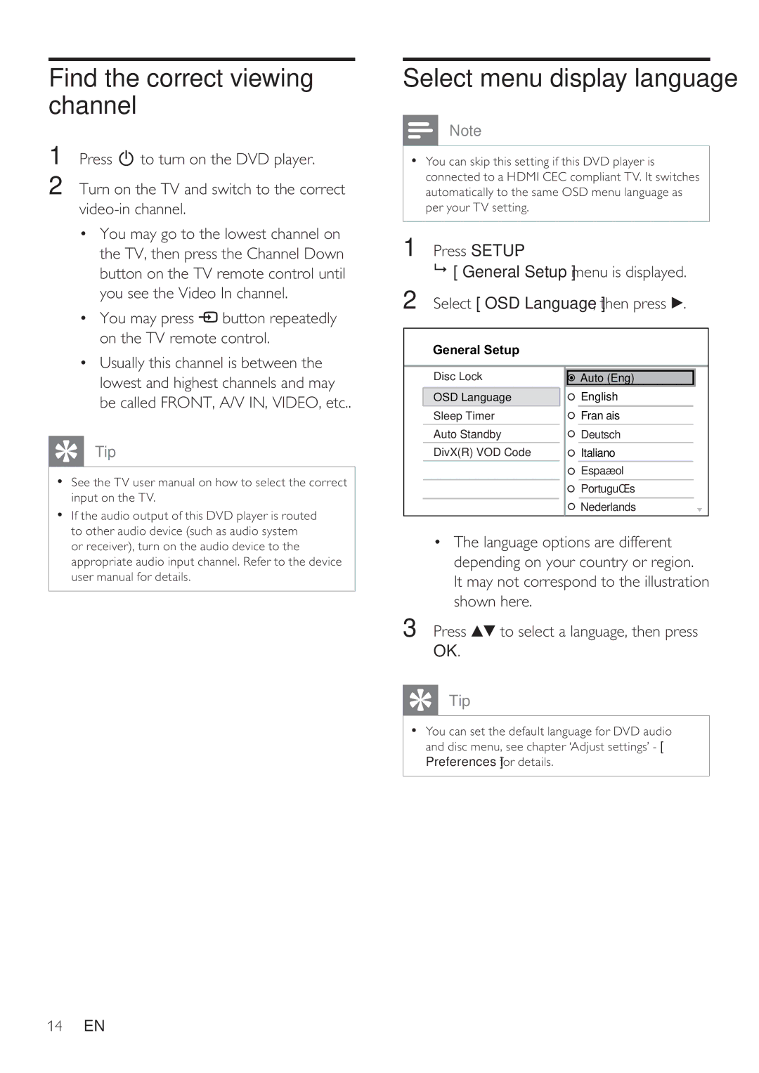 Philips DVP3360 user manual Find the correct viewing channel, Select menu display language 