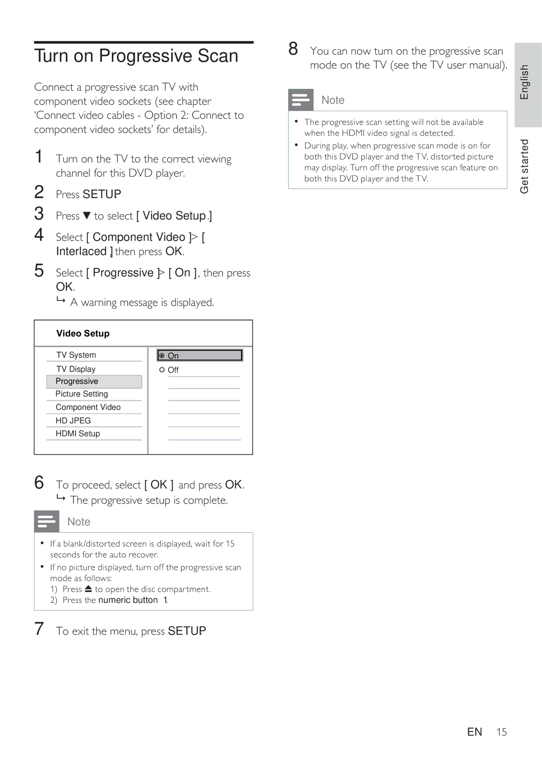 Philips DVP3360 user manual Turn on Progressive Scan, To exit the menu, press Setup 