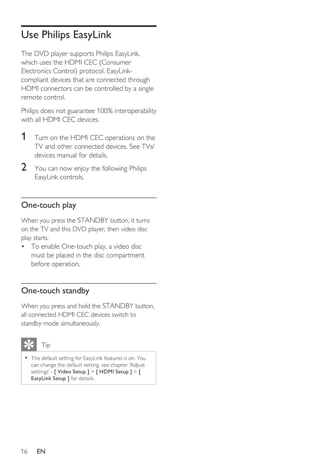 Philips DVP3360 user manual Use Philips EasyLink, One-touch play, One-touch standby 