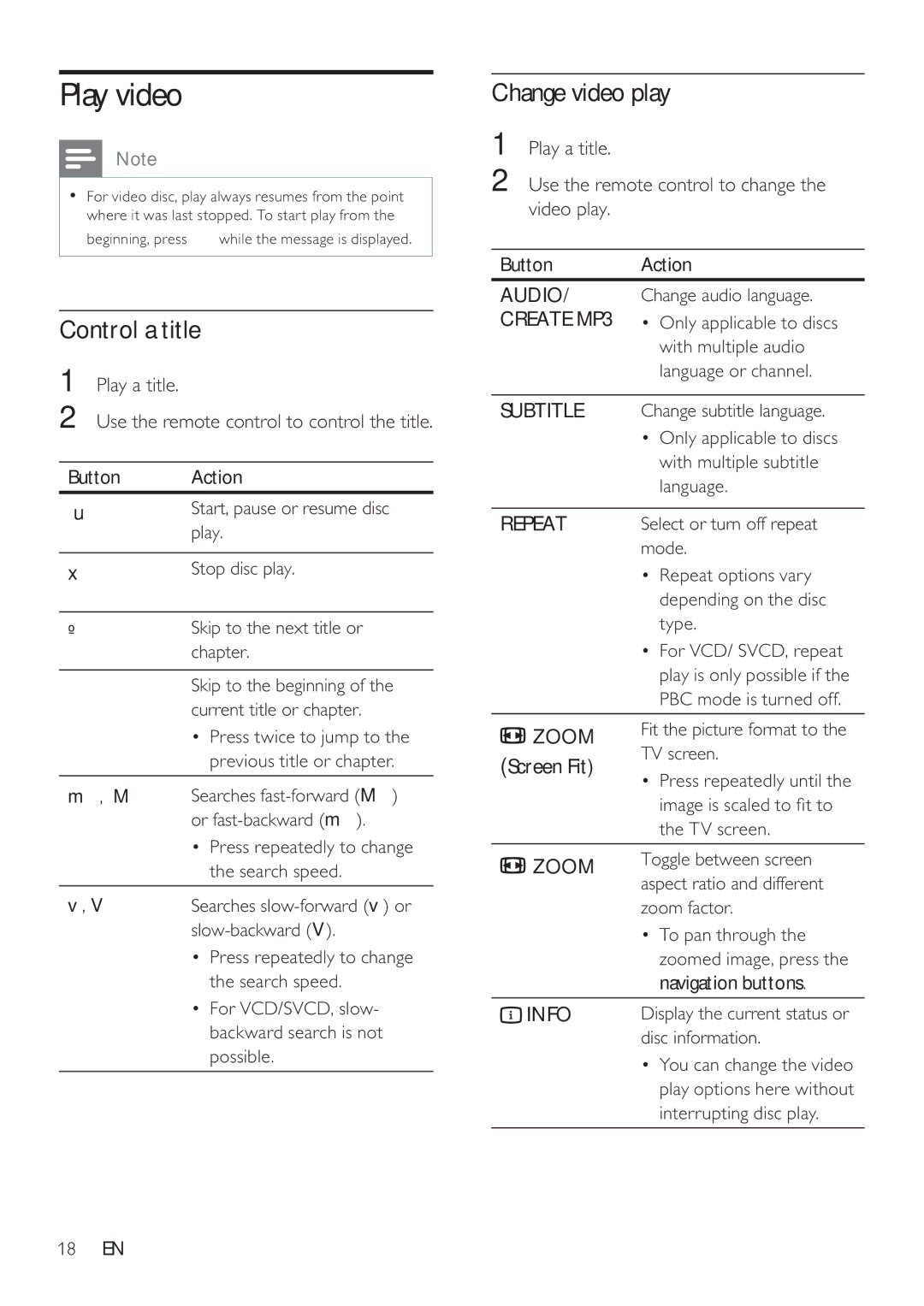 Philips DVP3360 user manual Play video, Control a title, Change video play 