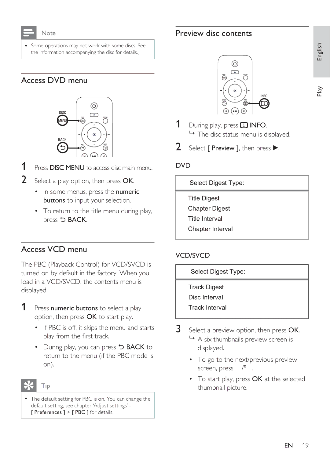 Philips DVP3360 user manual Access DVD menu, Preview disc contents, Access VCD menu 