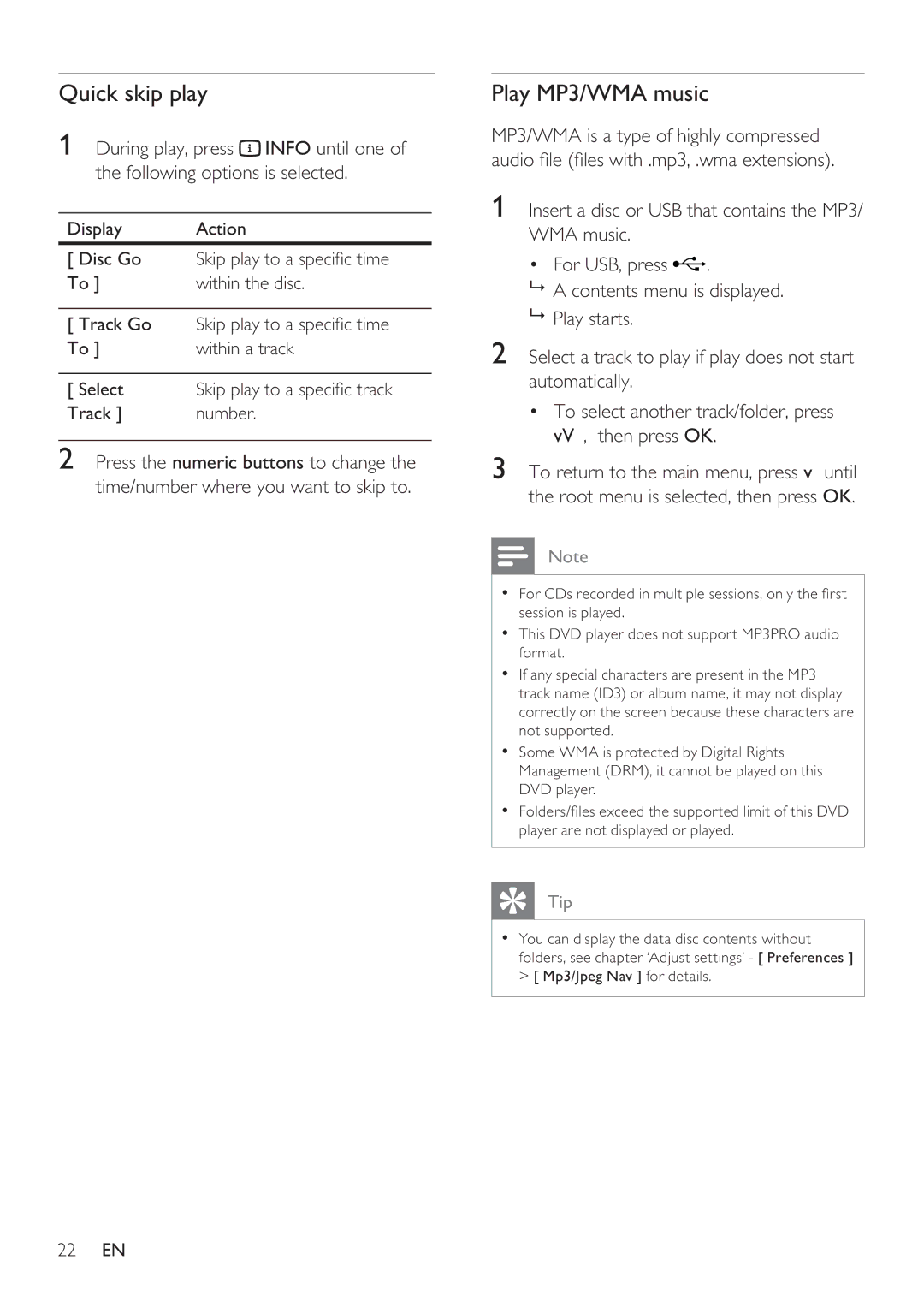 Philips DVP3360 user manual Quick skip play, Play MP3/WMA music 