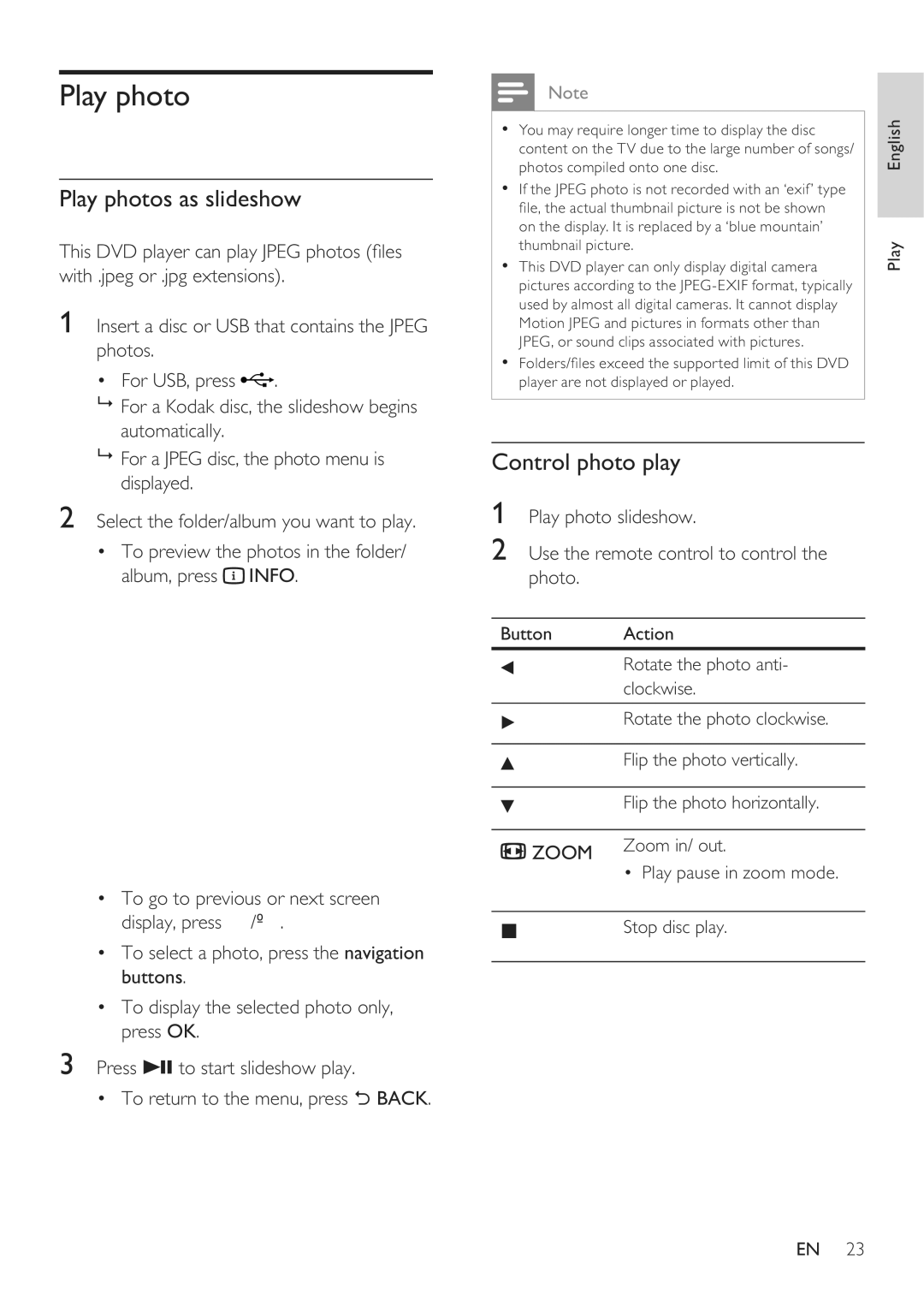 Philips DVP3360 user manual Play photos as slideshow, Control photo play 