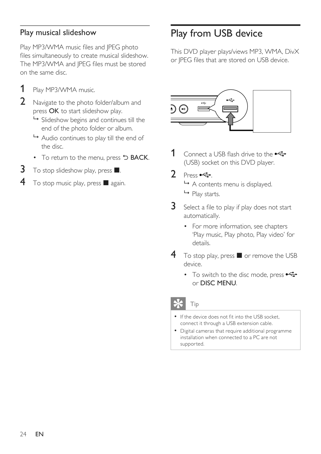 Philips DVP3360 user manual Play from USB device, Play musical slideshow 