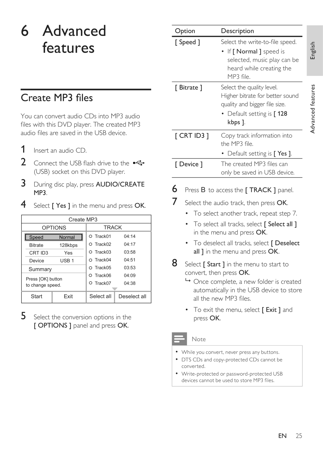 Philips DVP3360 user manual Create MP3 les, Insert an audio CD, Option Description 