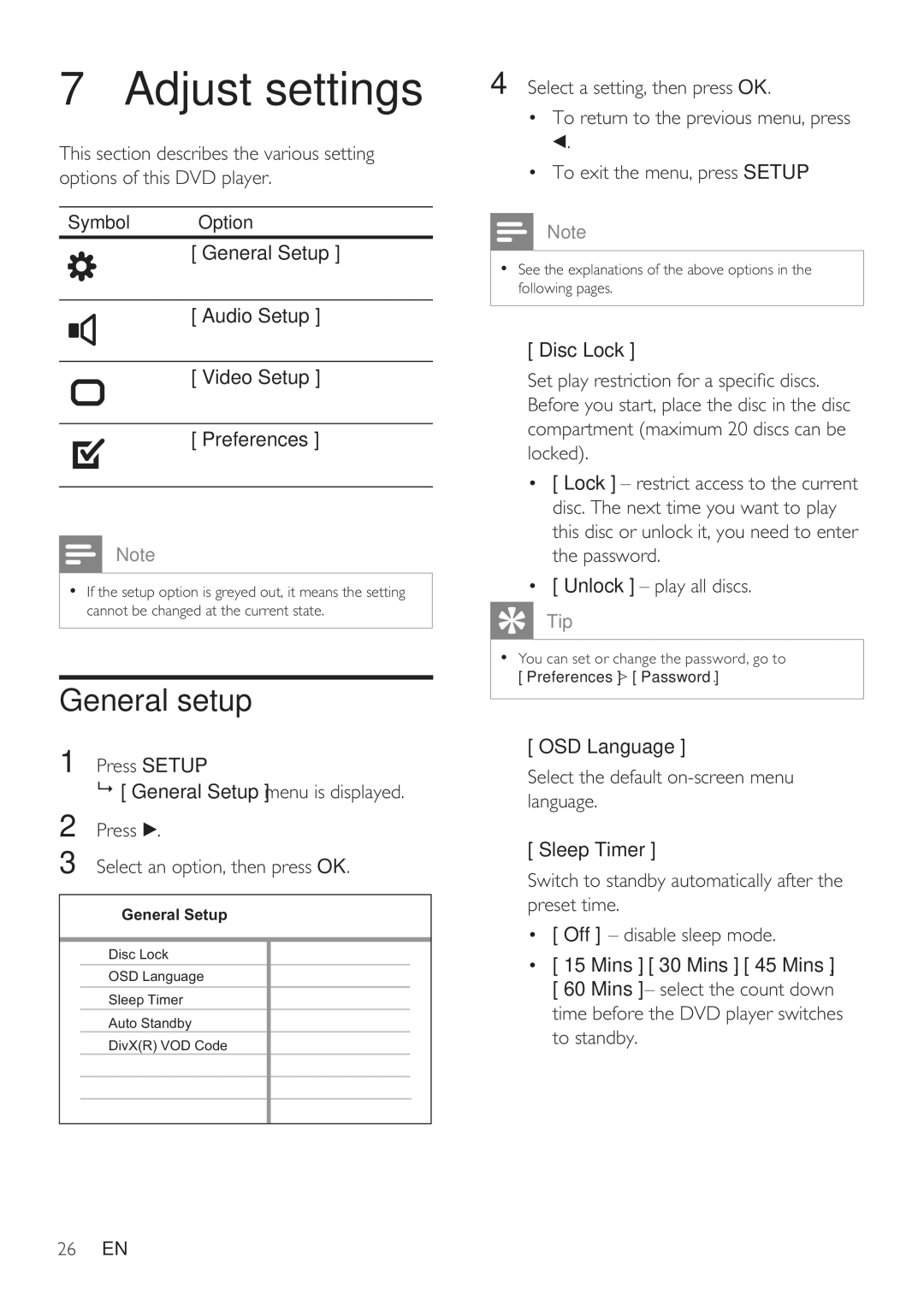 Philips DVP3360 user manual Adjust settings, General setup 