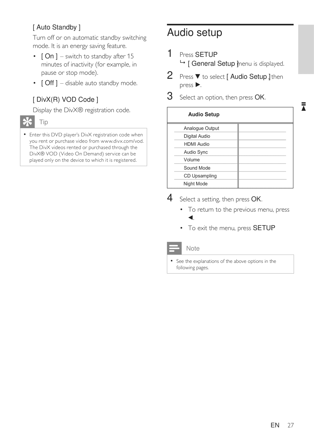 Philips DVP3360 user manual Audio setup, Auto Standby 