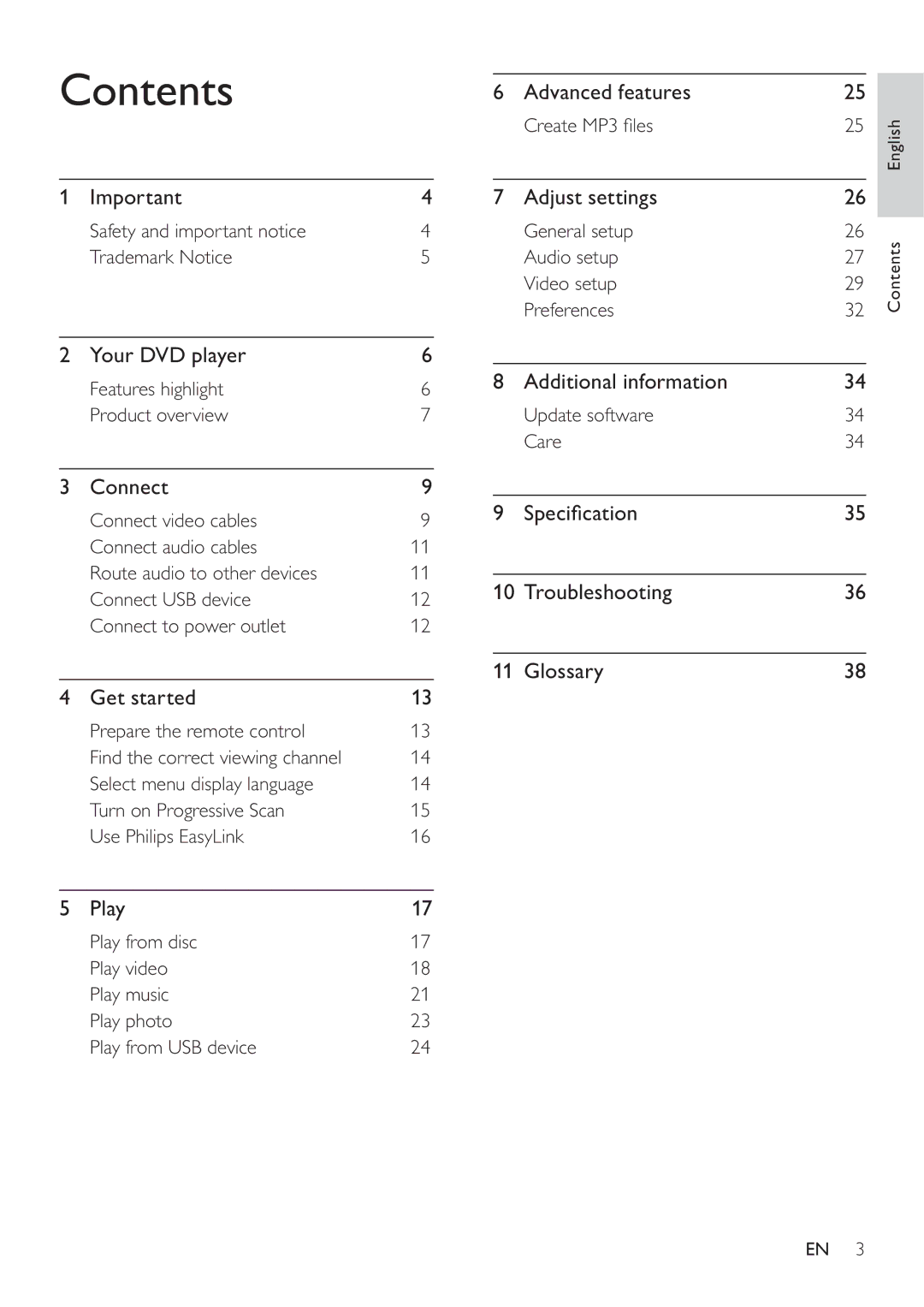 Philips DVP3360 user manual Contents 