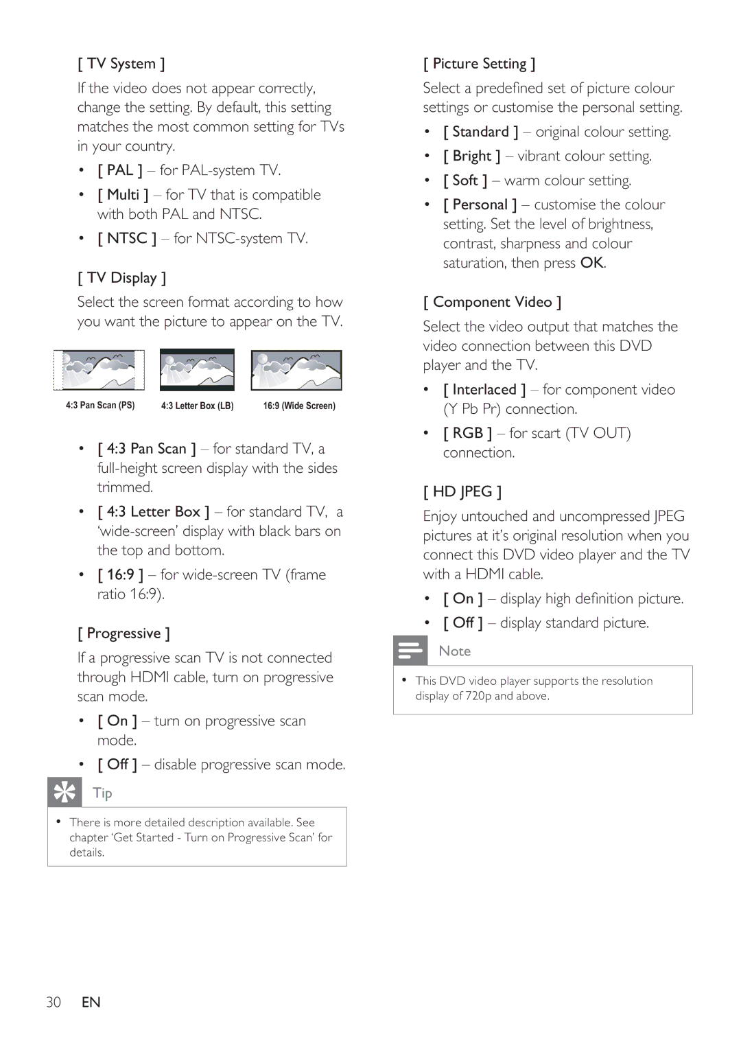 Philips DVP3360 user manual Ntsc for NTSC-system TV TV Display, Picture Setting, HD Jpeg 