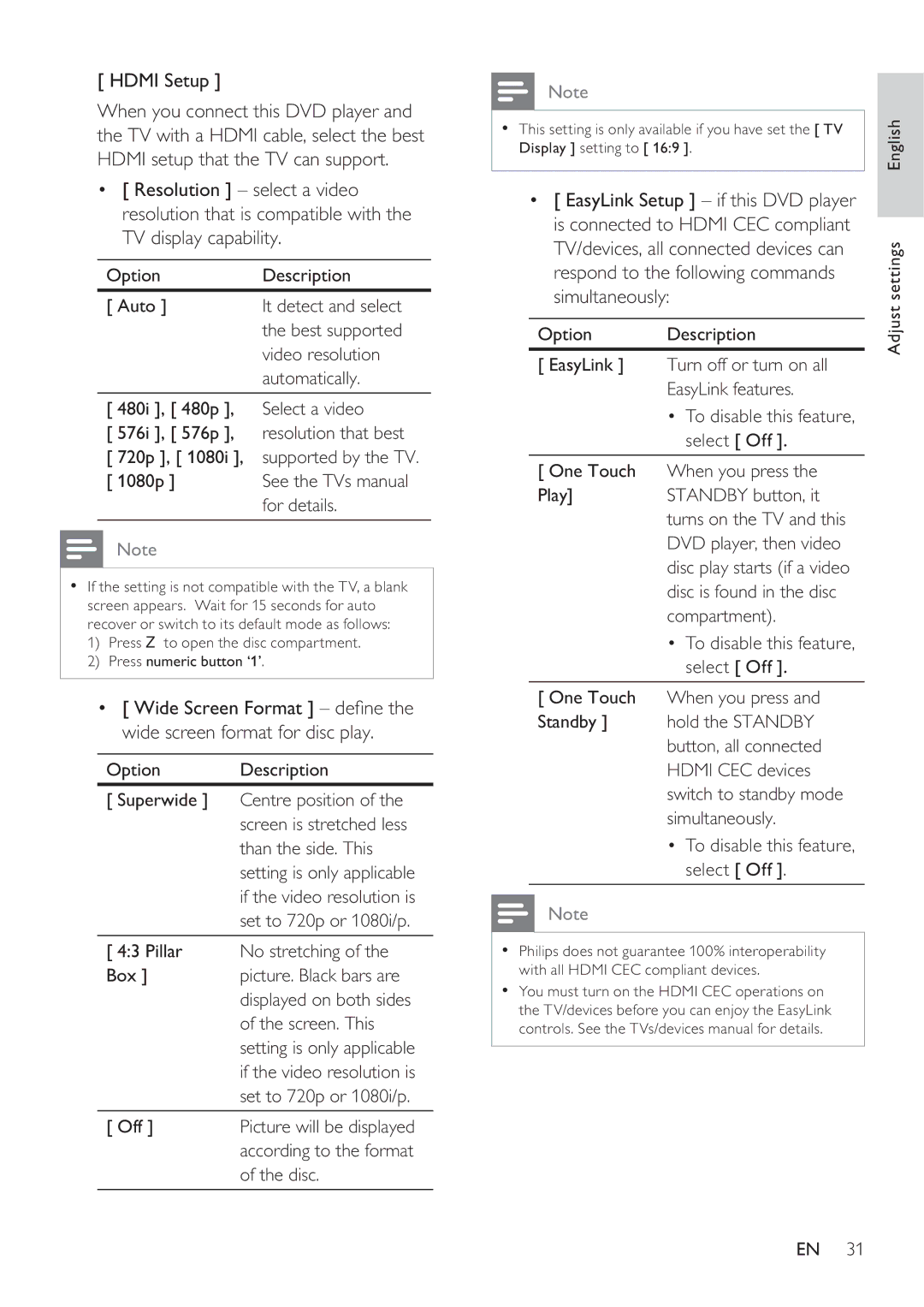 Philips DVP3360 user manual Hdmi Setup 