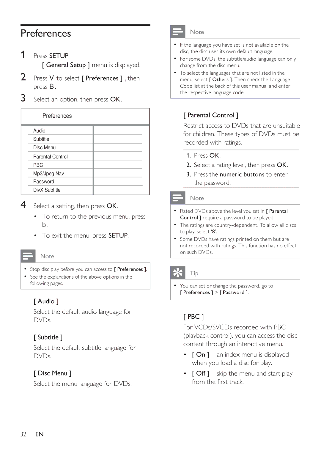 Philips DVP3360 user manual Preferences 