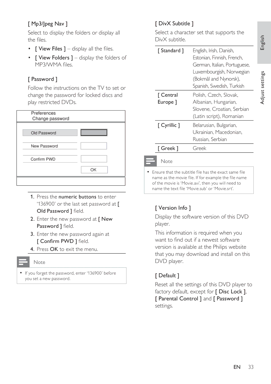 Philips DVP3360 Parental Control and Password settings, Central Polish, Czech, Slovak, Europe Albanian, Hungarian 