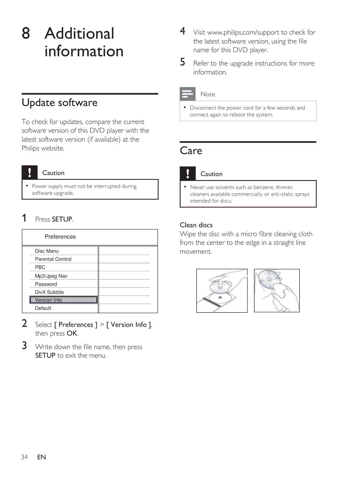 Philips DVP3360 user manual Update software, Care, Press Setup 