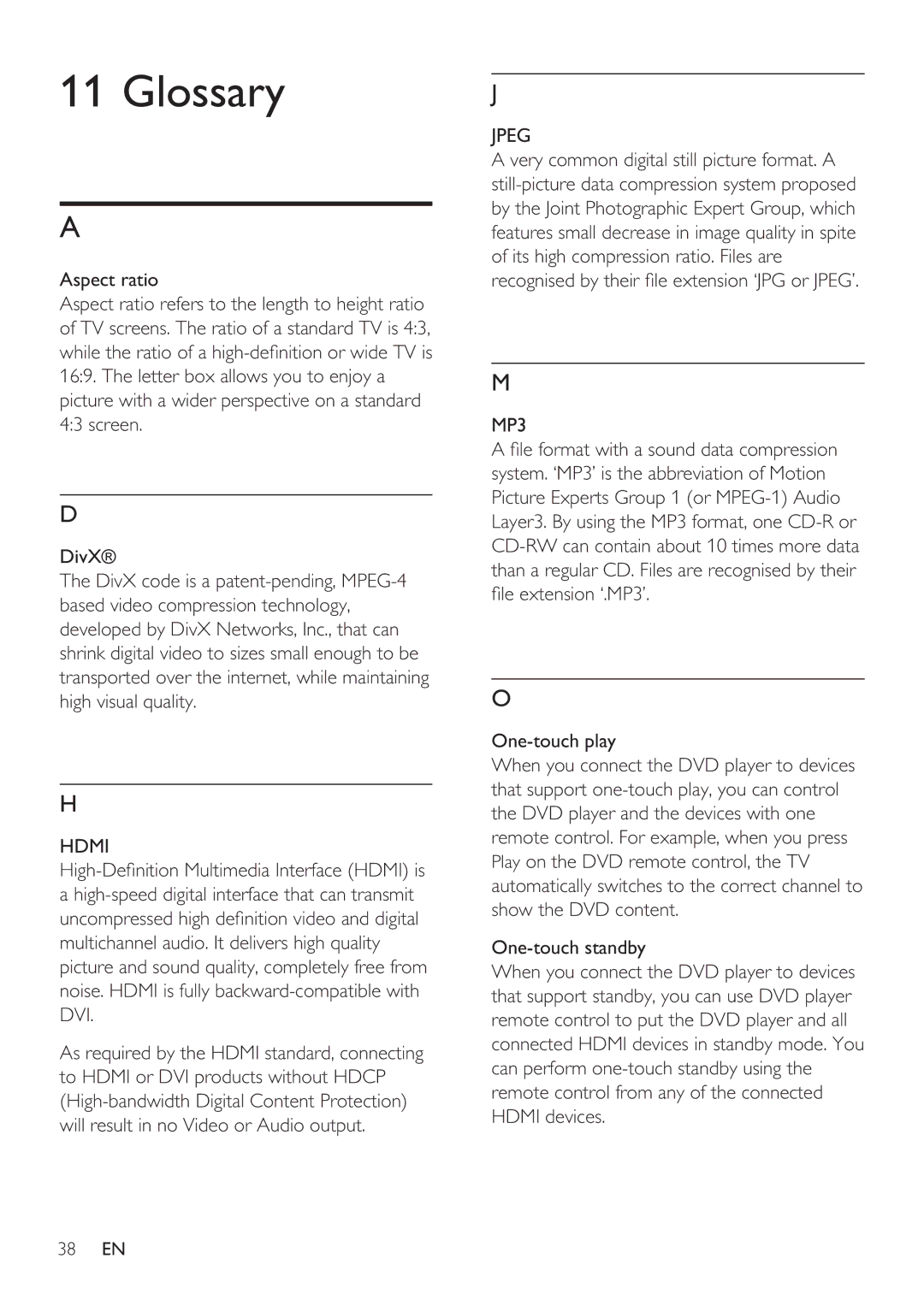 Philips DVP3360 user manual Glossary, Hdmi, Jpeg, MP3 