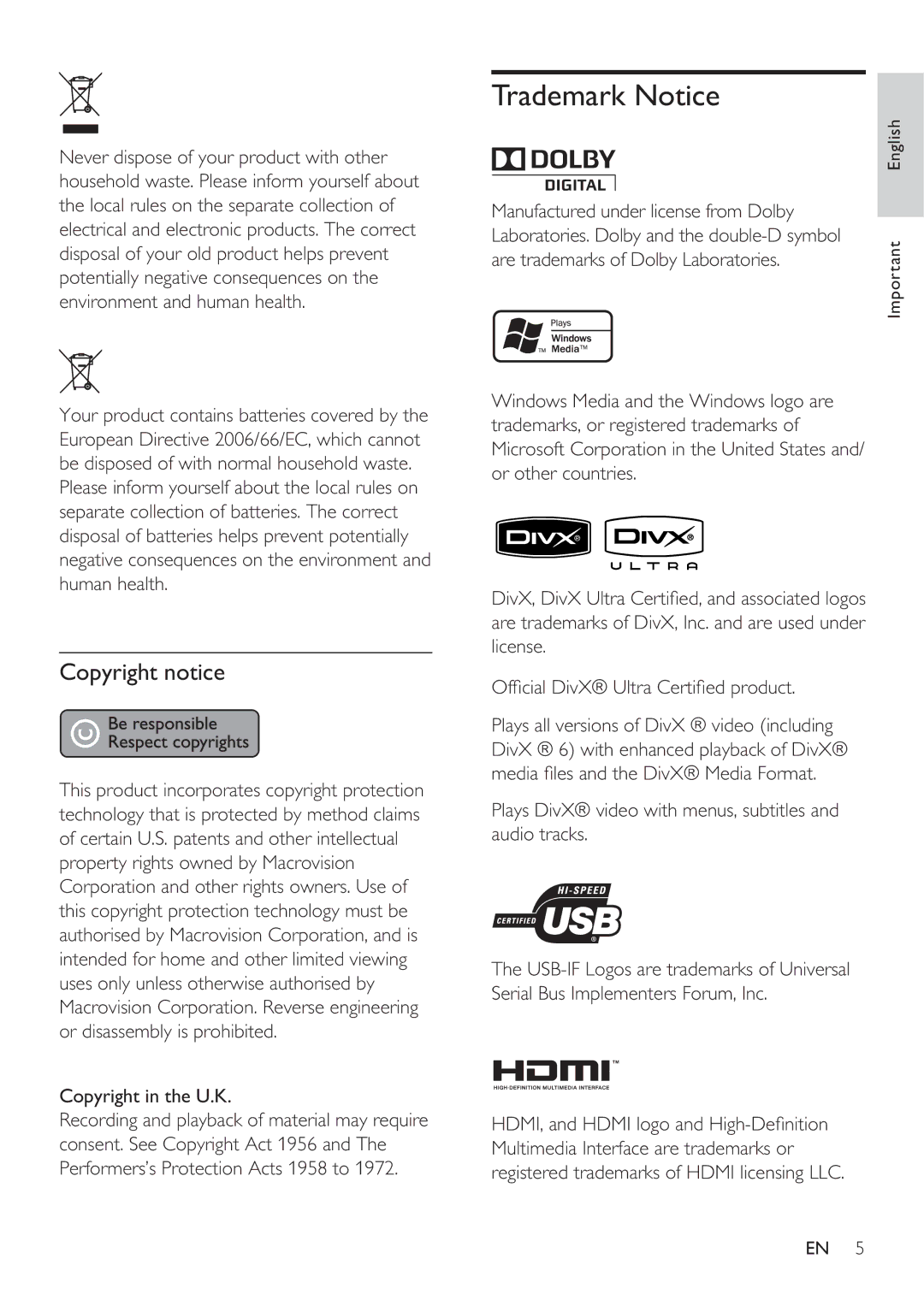 Philips DVP3360 user manual Trademark Notice, Copyright notice, Copyright in the U.K 