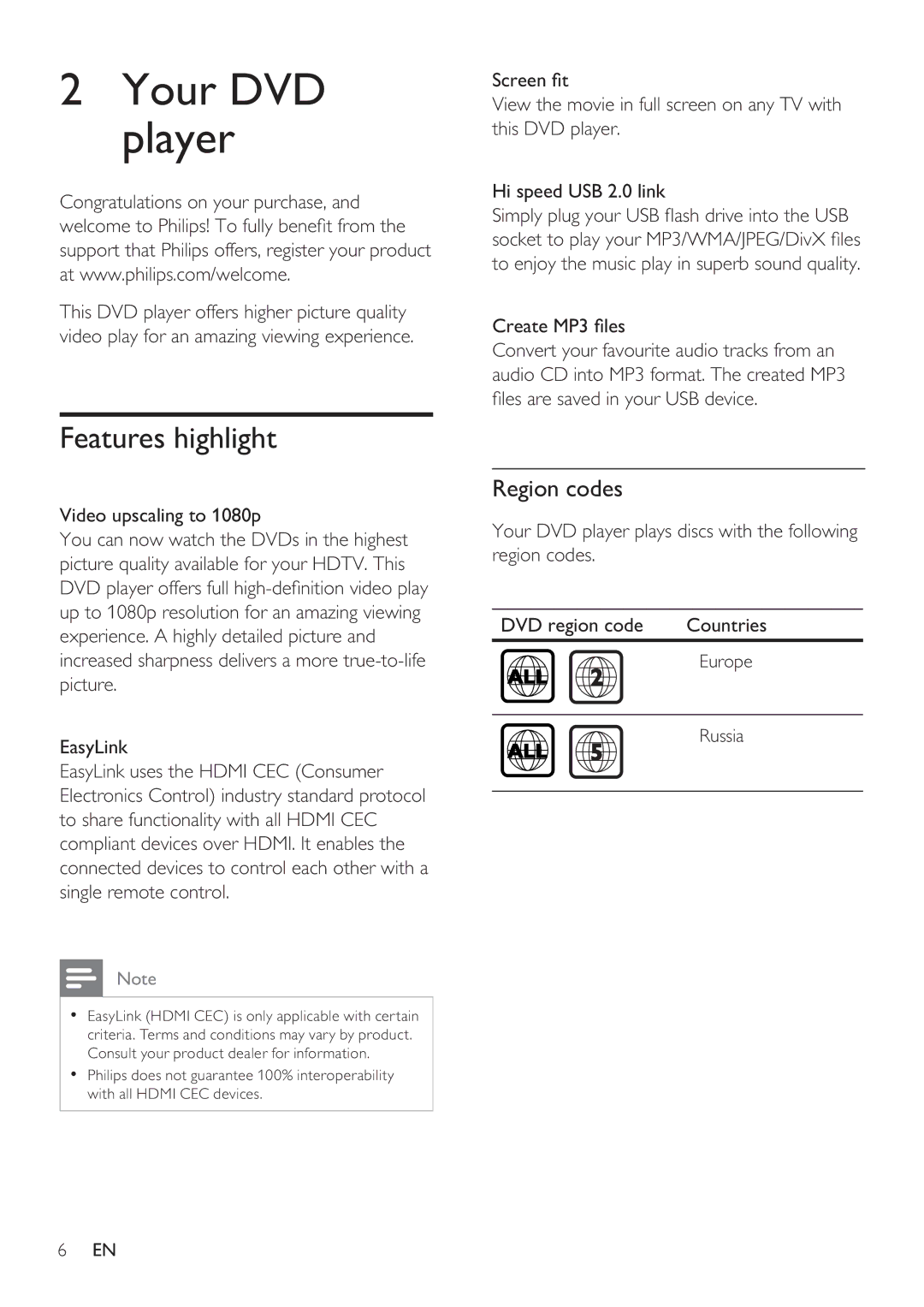 Philips DVP3360 user manual Your DVD player, Features highlight, Region codes, Video upscaling to 1080p 