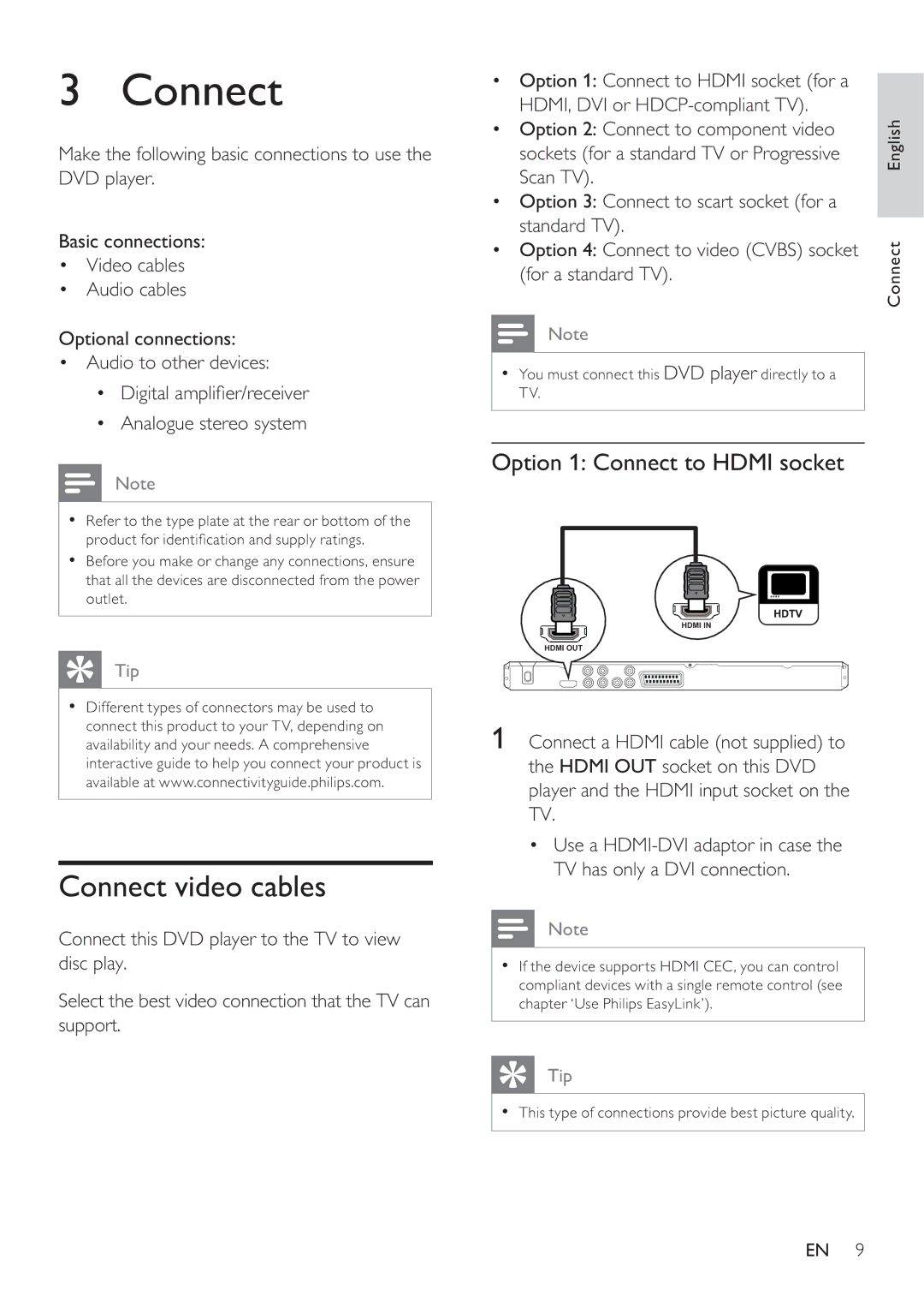 Philips DVP3360 user manual Connect video cables, Option 1 Connect to Hdmi socket 