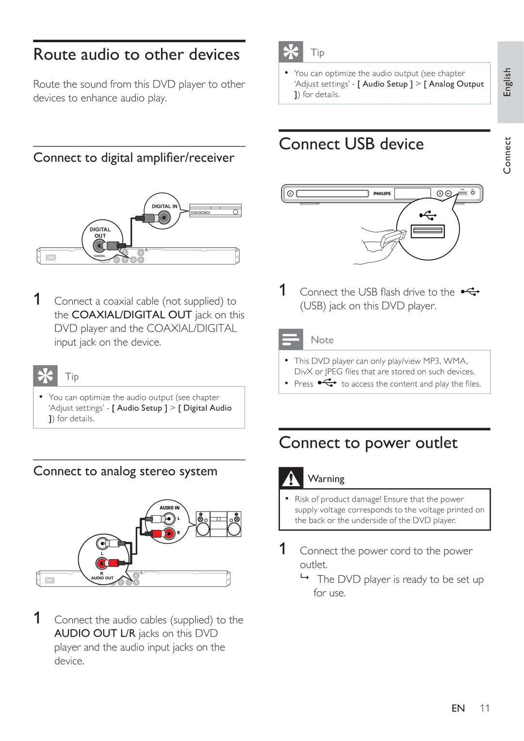 Philips DVP3360K user manual Route audio to other devices, Connect USB device, Connect to power outlet 