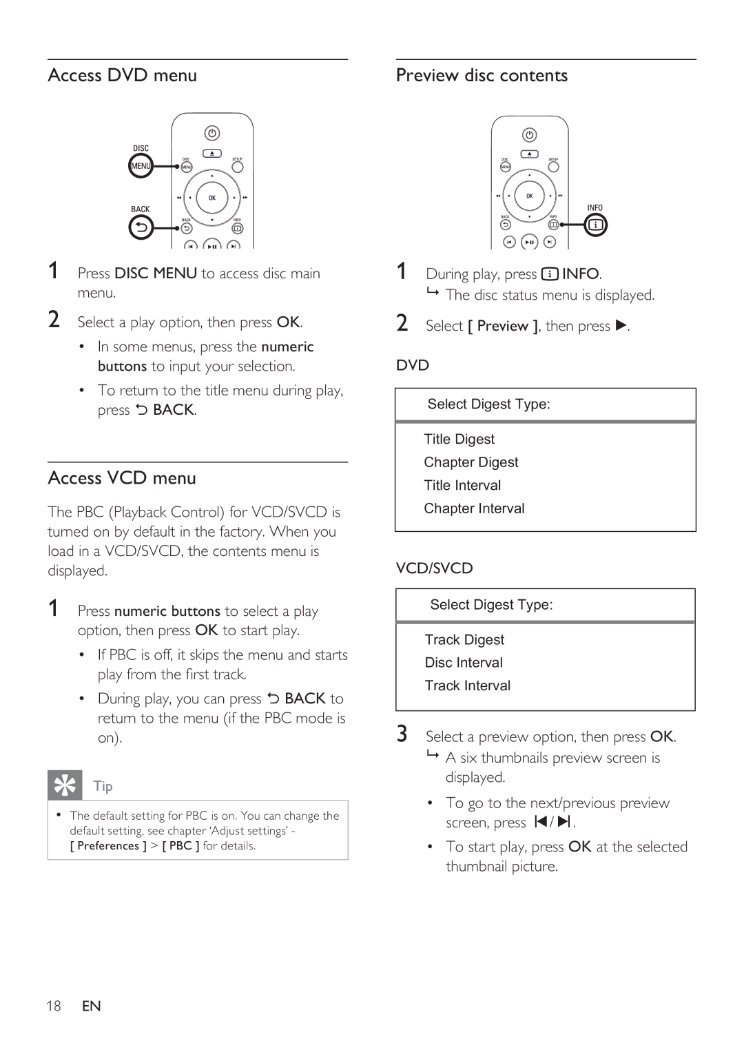 Philips DVP3360K user manual Access DVD menu, Access VCD menu 