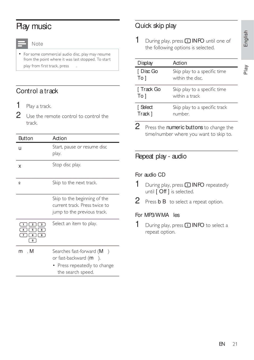 Philips DVP3360K user manual Play music, Control a track, Quick skip play, Repeat play audio 