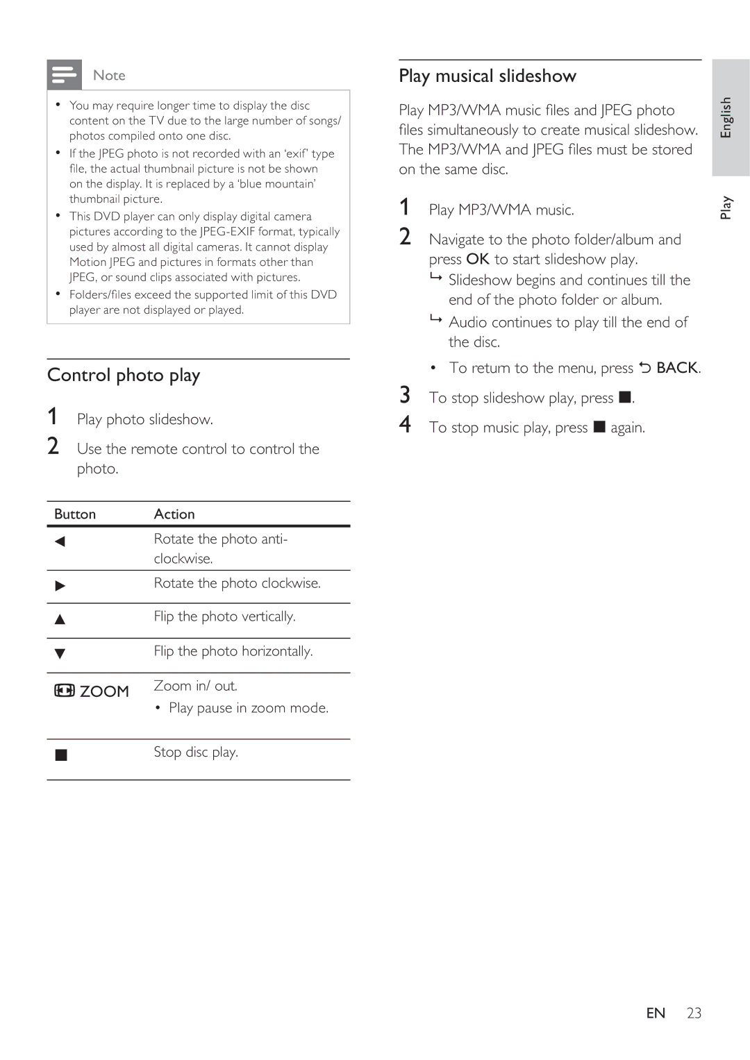 Philips DVP3360K user manual Control photo play, Play musical slideshow, Play MP3/WMA music les and Jpeg photo 