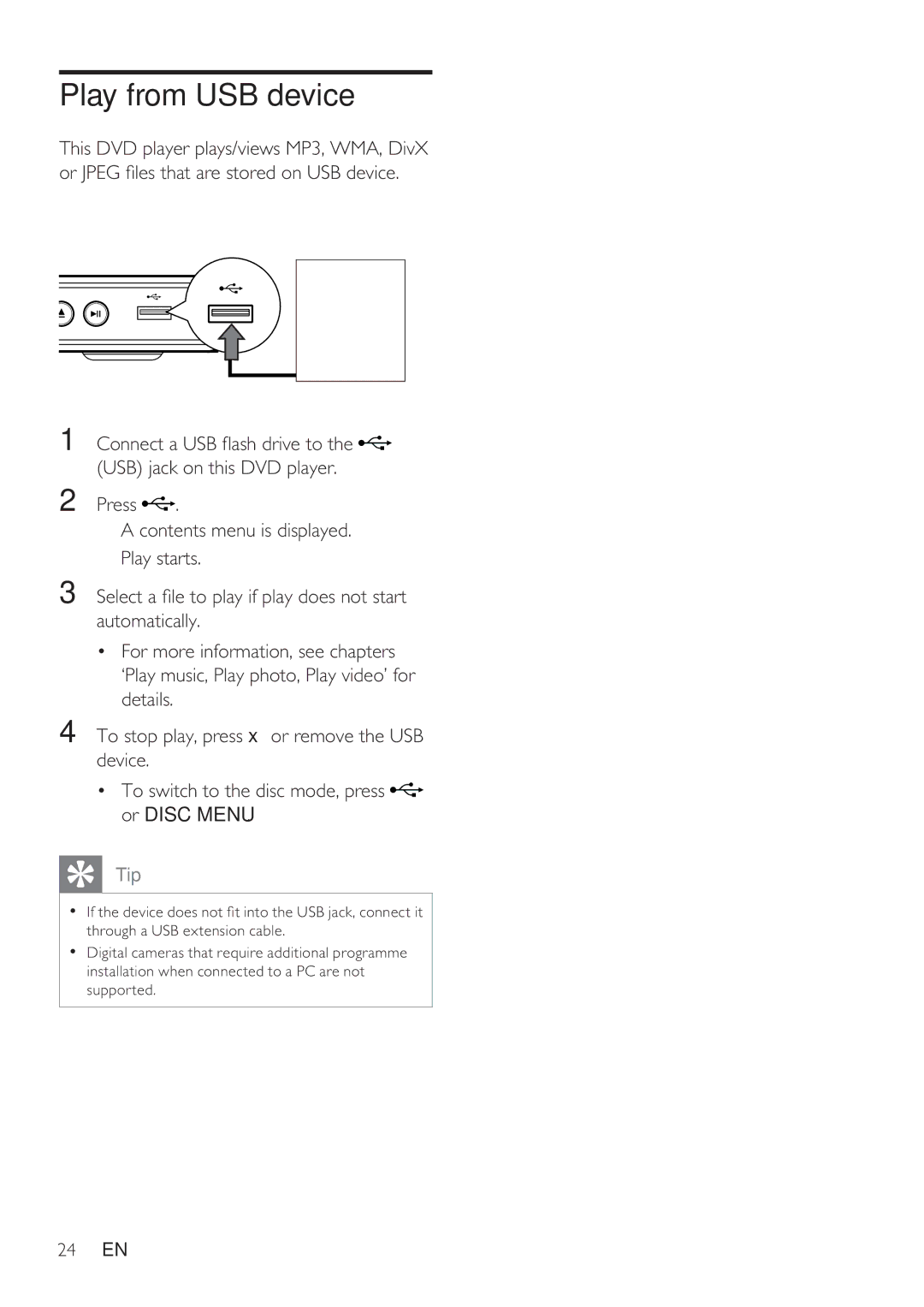 Philips DVP3360K user manual Play from USB device 