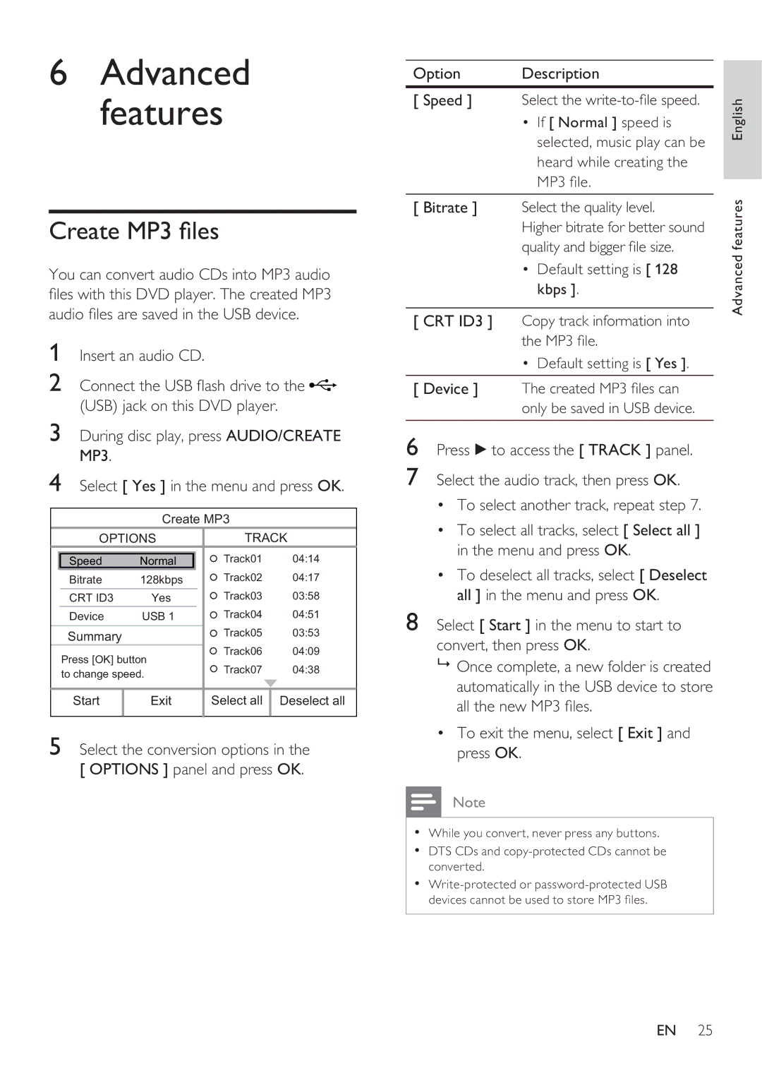 Philips DVP3360K user manual Create MP3 les, Option Description 