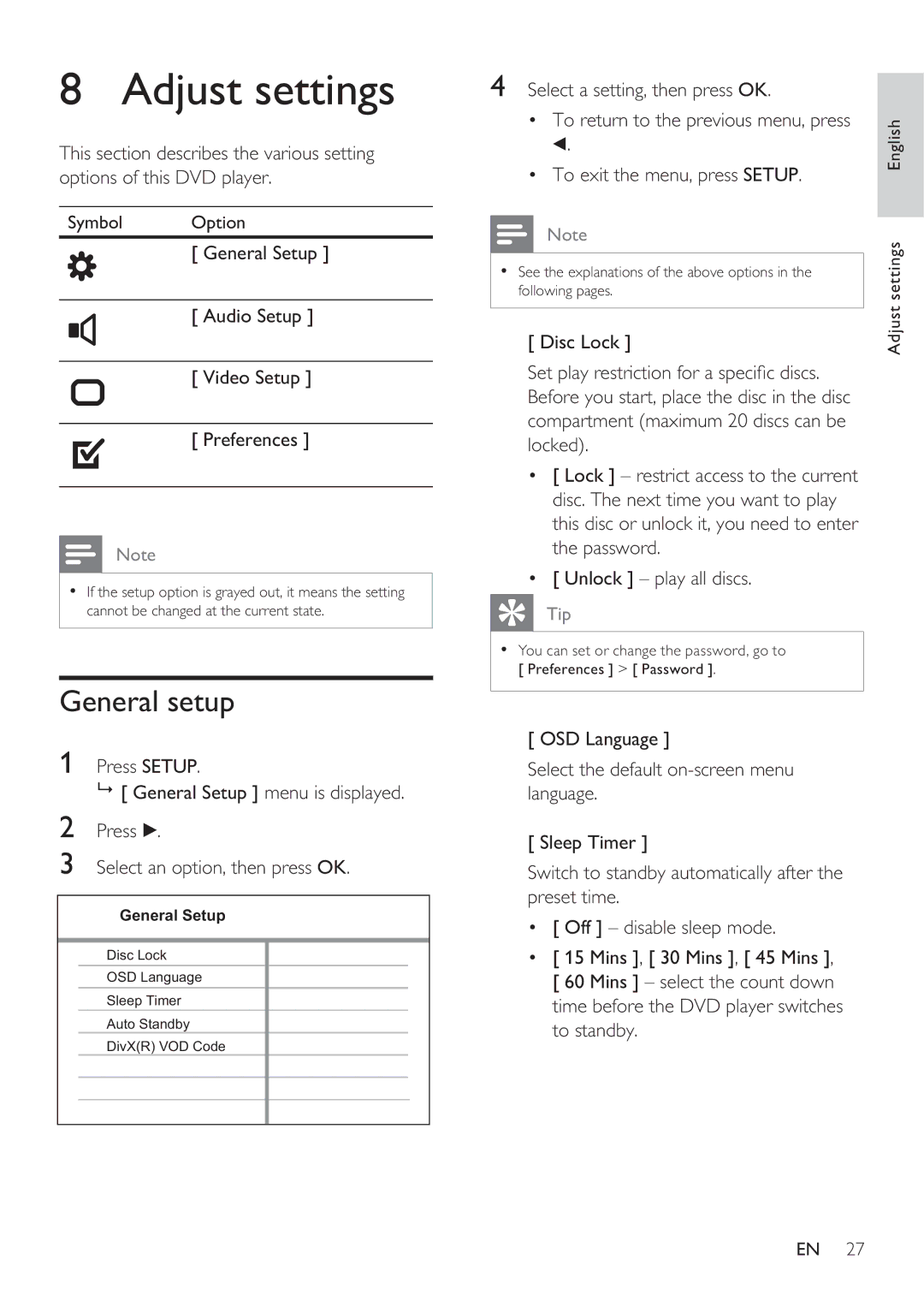 Philips DVP3360K user manual Adjust settings, General setup 