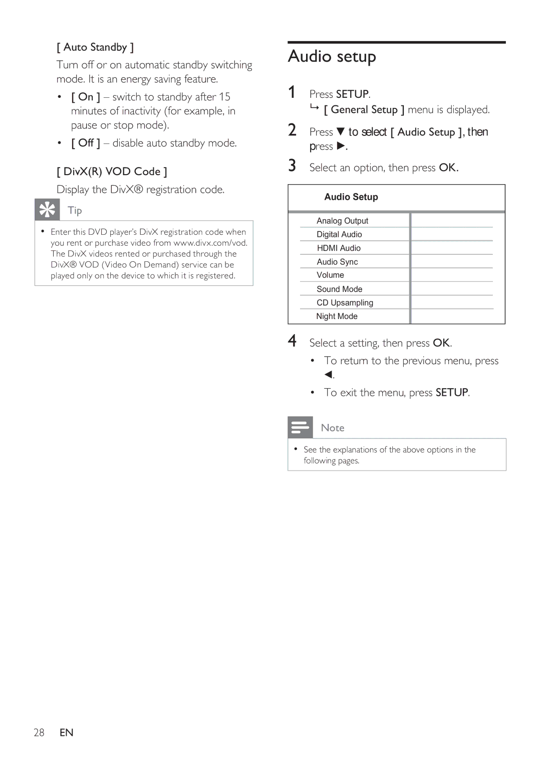 Philips DVP3360K user manual Audio setup, Auto Standby 