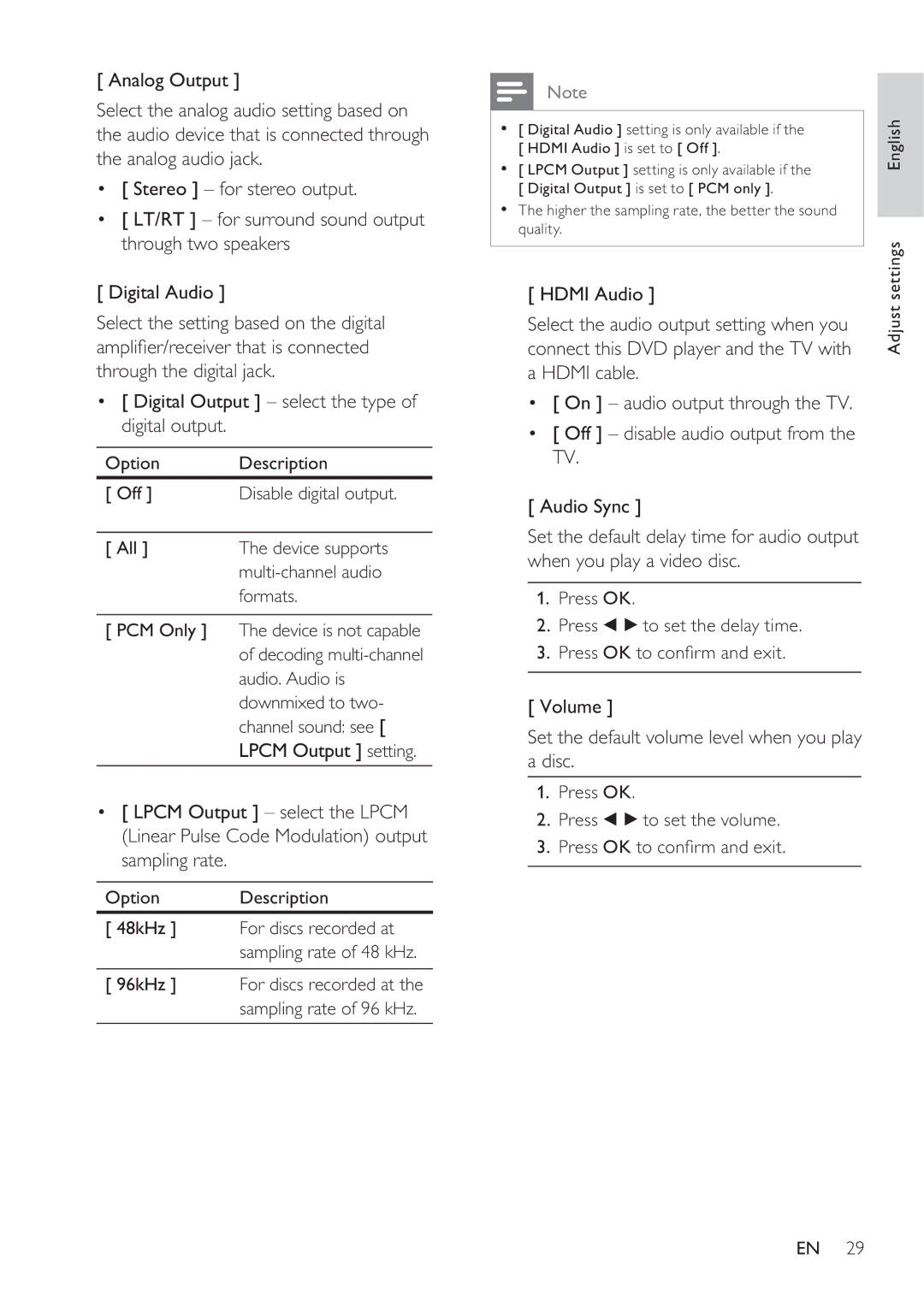 Philips DVP3360K user manual Volume Set the default volume level when you play Disc, Option Description 