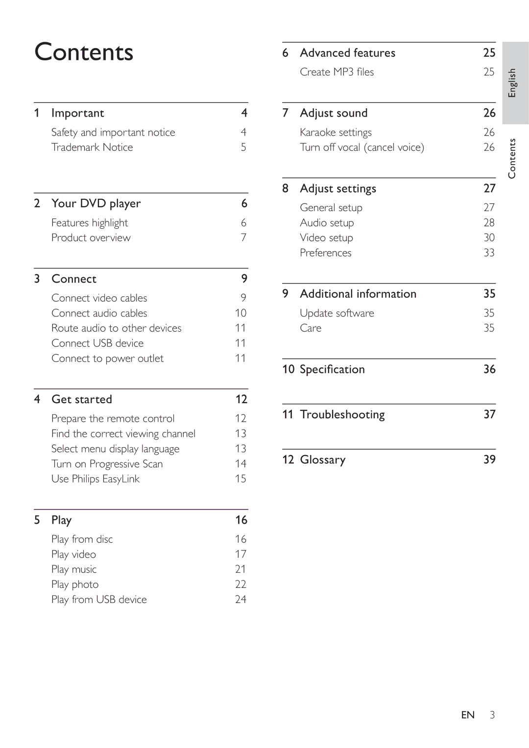 Philips DVP3360K user manual Contents 